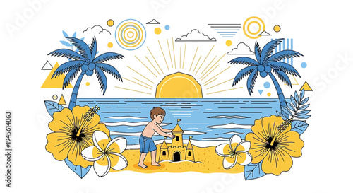 Child building sandcastle on tropical beach, palm trees, ocean sunrise, summer vacation