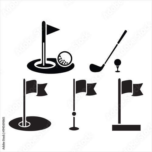 Vector illustration of a golf club and ball isolated on white background with black metal club equipment for sport design.