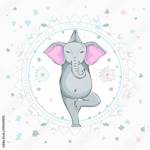 Cute cartoon elephant character practicing yoga tree pose on a mandala background.