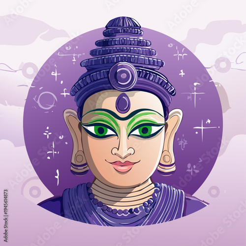 Stylized illustration of a traditional Indian deity with ornate headgear.