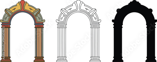 Classical archway silhouette & Outline and illustration set isolated on transparent background