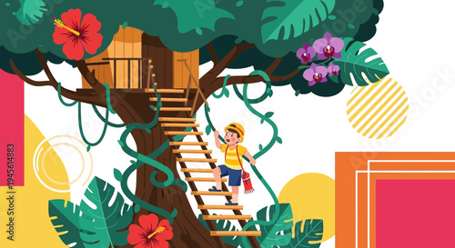 Child Climbing Treehouse in Tropical Jungle with Hibiscus and Orchids