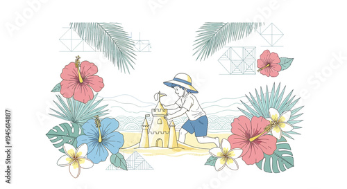 Child Building Sandcastle on Beach with Tropical Flowers and Palm Leaves