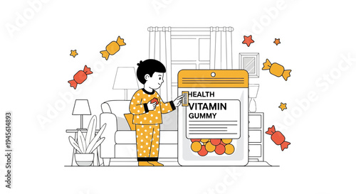 Child Choosing Vitamin Gummies in Living Room, Healthy Snacks, Sweet Candies