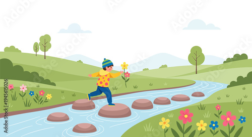 Child Crossing River on Stepping Stones, Spring Flowers, Lush Landscape Illustration