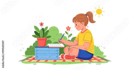 Child Drawing Outdoors: Girl on Blanket with Flowers and Sun
