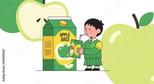 Child drinking apple juice from carton, surrounded by apples and leaves