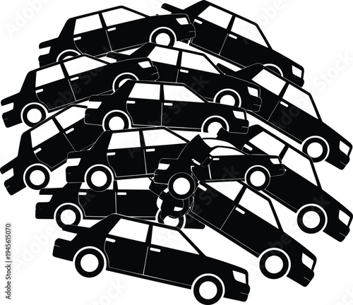 stacked cars silhouette, junkyard vehicle pile illustration, scrap car heap concept, transportation clutter, automotive waste, black vector graphic design icon