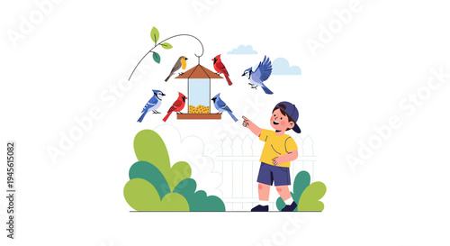 Child Feeding Birds at Backyard Feeder
