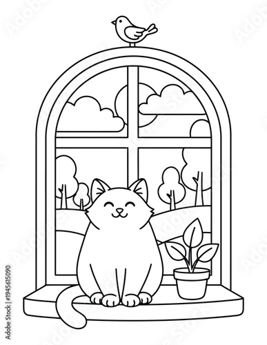 Cat sitting on window sill with bird and nature view outline coloring page for kids