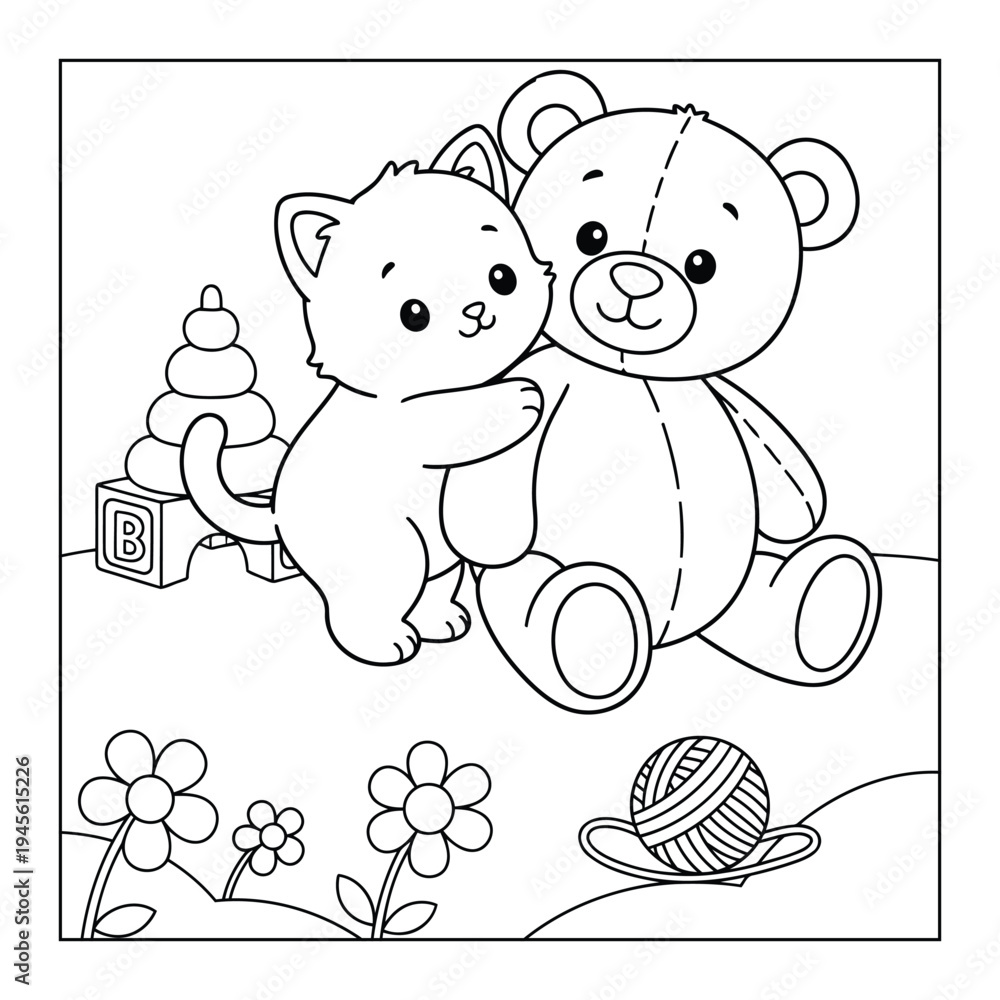 Fototapeta premium Kitten hugging teddy bear toy cute coloring page outline illustration for kids
