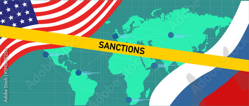 Economic sanctions on Russia with US flag and yellow tape concept vector illustration
