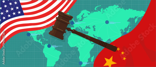 Law legal case trade tension or trade war between US and China, financial concept Flags of USA and China with gavel or hammer