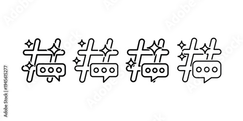 Social media hashtag icon collection with chat bubble and sparkles representing trending topics digital communication network marketing symbols in outline