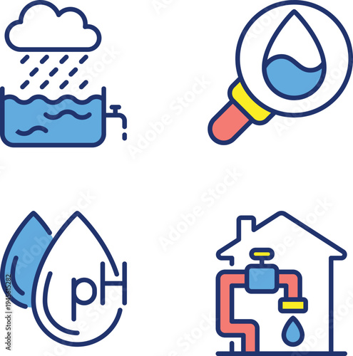 Illustrations depicting water collection, testing, and household water systems