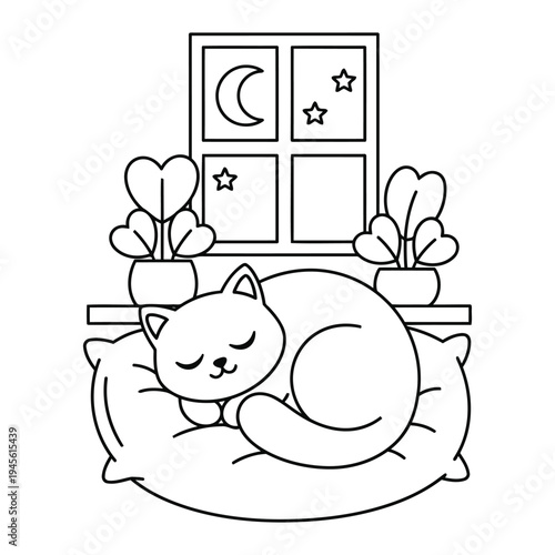 Cat sleeping on pillow by window in cute cartoon coloring page vector illustration