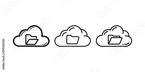Cloud storage folder icon set showing data backup and file management in remote servers representing network computing and digital database archive systems