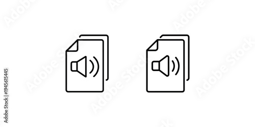 Audio file format icon set with speaker volume symbols on document pages representing sound recording playback and digital voice storage for app interfaces