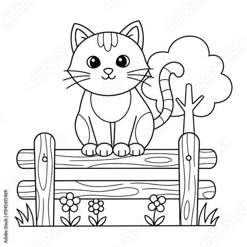 Cat sitting on wooden fence in cute cartoon coloring page vector illustration