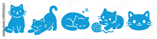 Set of blue cat silhouettes and icons in various cute poses: sitting, stretching, sleeping, playing with yarn, and a cat face. Minimalist vector illustration for pet and animal design projects.