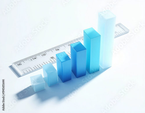 Transparent acrylic ruler with embossed marks casting sharp diagonal shadows on white canvas. Graduated blue bar graph segments in navy to ice blue gradient. High contrast flat lay with cobalt accent