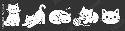 Set of cute white cat icons on a dark background. Minimalist vector illustrations of kittens in various poses like sleeping, stretching, and playing with yarn. Kawaii pet character sticker set.