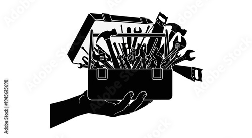Illustration of a Hand Holding a Toolbox Filled with Tools.