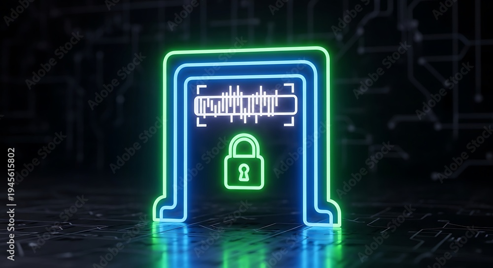 Fototapeta premium Neon glowing blue and green digital padlock with sound wave scan line on dark circuit background