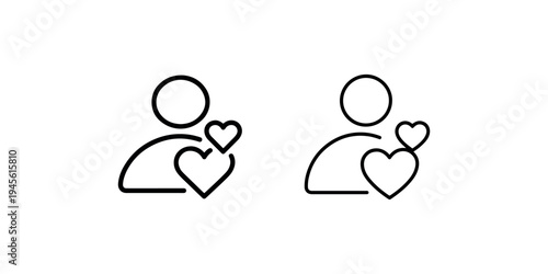 Two icons representing person with heart symbol, outline and filled user profile with love or favorite, positive feedback
