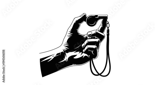 Illustration of a Hand Holding a Whistle with Lanyard.