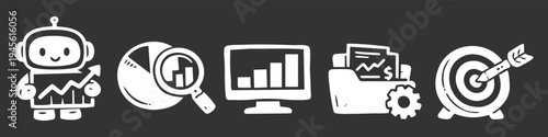 Set of white hand-drawn business and data icons including an AI robot, financial charts, a magnifying glass, folder with gear, and a bullseye target on a dark background.