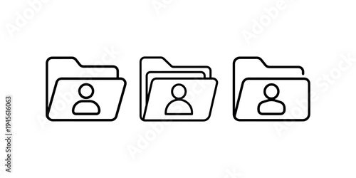 Set of three folder icons with person symbol in linear style. user files and personal documents. shared data concept
