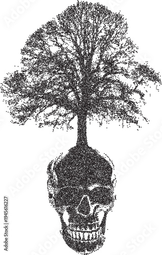 Tree retro y2k stipple design wood halftone brutalist urban vector png with clear background, forest 2000s photocopy grunge tattoo gen z effect