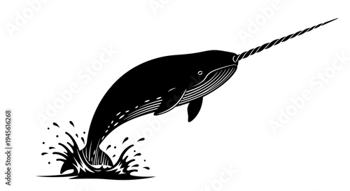 Monochrome Narwhal Leaping from Water Illustration.