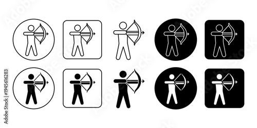 Archery Bow Arrow Target Shooting Sport Activity Silhouette Icon Set With Outline And Solid Style