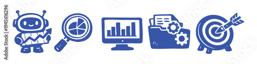 Set of blue hand-drawn business icons featuring an AI robot, data analysis charts, computer monitor, file folder with gears, and a bullseye target for growth and success concepts.
