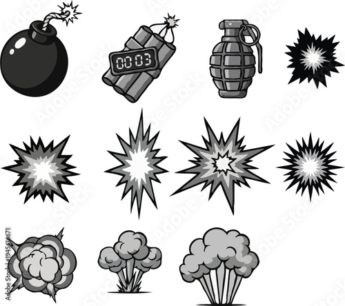 Comic style explosion and bomb vector set with dynamite and grenades