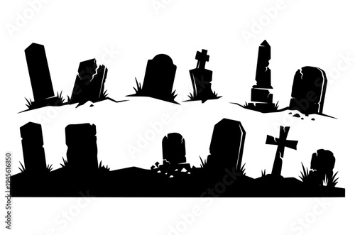 Halloween cemetery border with gravestones crosses and spooky silhouettes