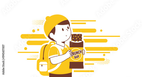 Child with Backpack Holds Snack Bar, Healthy Food for Kids