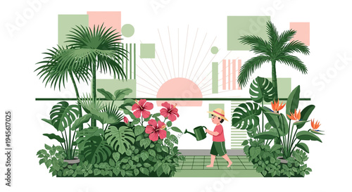 Child Watering Tropical Plants in a Garden, Geometric Shapes, Sunrise