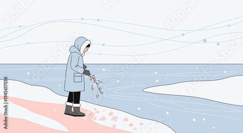 Child in Winter Coat Collecting Snow Flowers by Icy River