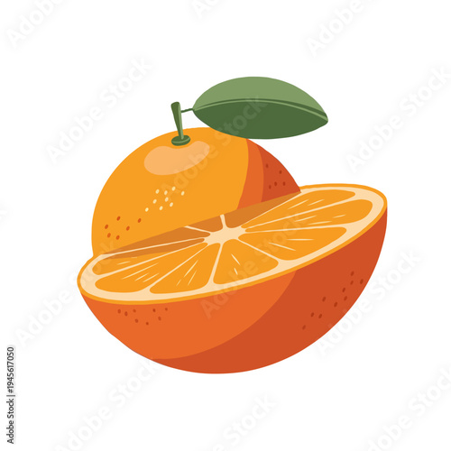 A vibrant orange fruit with a green leaf and stem sitting on a white surface isolated on white background, Vector