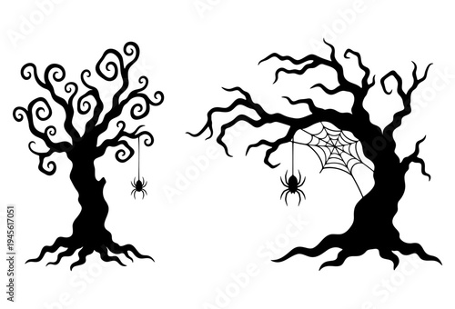 Spooky halloween tree silhouettes with hanging spiders and cobweb