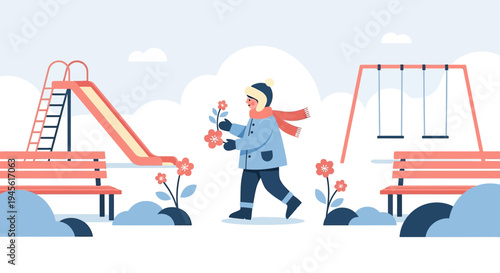Child in Winter Playground Holding Spring Flower Illustration