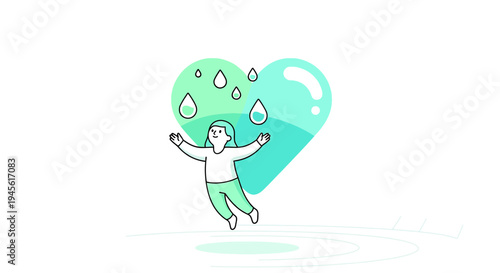 Child Joyfully Embracing Love and Care Heart with Falling Drops