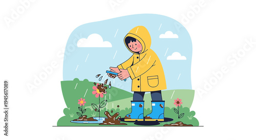 Child in yellow raincoat playing in muddy puddles with flowers during rain