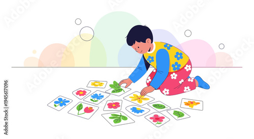 Child Learning About Flowers Through Playful Matching Game