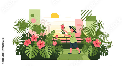 Child Picking Tropical Flowers in Garden Oasis