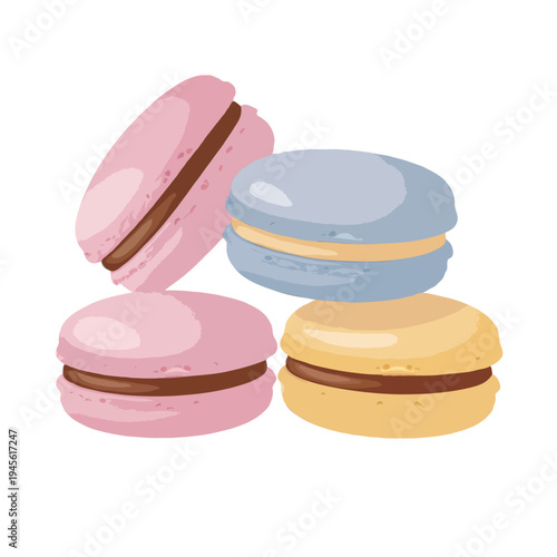 Assorted colorful macarons with different flavors and fillings isolated on white background, Vector
