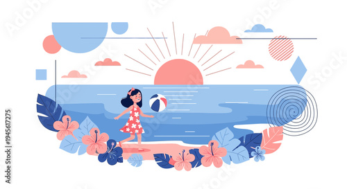 Child Playing Ball on Tropical Beach at Sunset, Summer Vacation Illustration